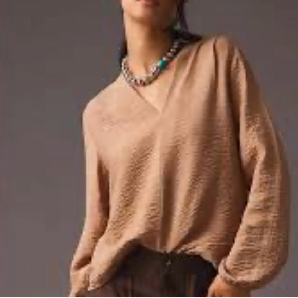Self Contrast Tops - Tan or brown V-neck long-sleeve blouse from the brand Self Contrast
